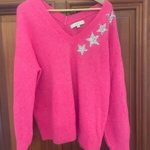 LOFT Hot Pink Sequin Star V Neck Wool Sweater
